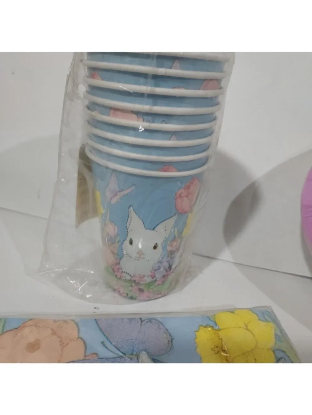 American Greetings Paper Goods Plates Napkins Cups WhiteBunny Easter Lot Vintage